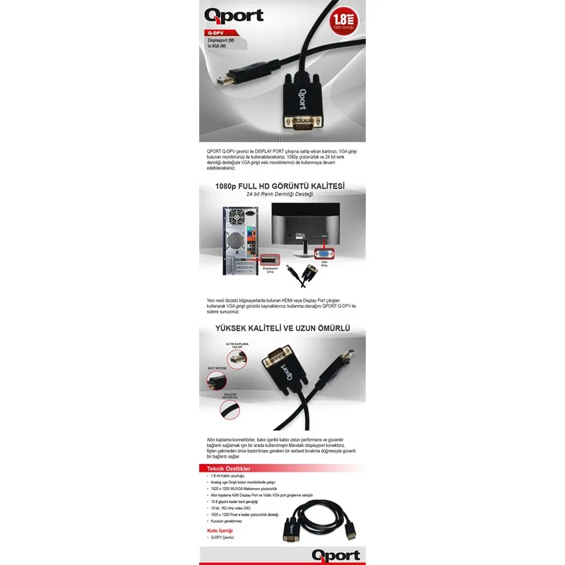 QPORT Q-DPV DISPLAY PORTUNDAN VGA 1,8 METRE ÇEVİRİCİ KABLO - görsel 2